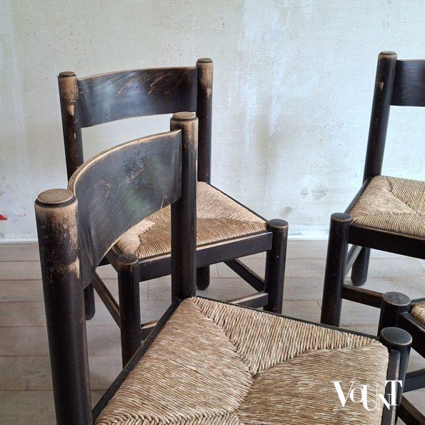 Set van 4 brutalist stoelen met biezen zittingen, jaren '70
