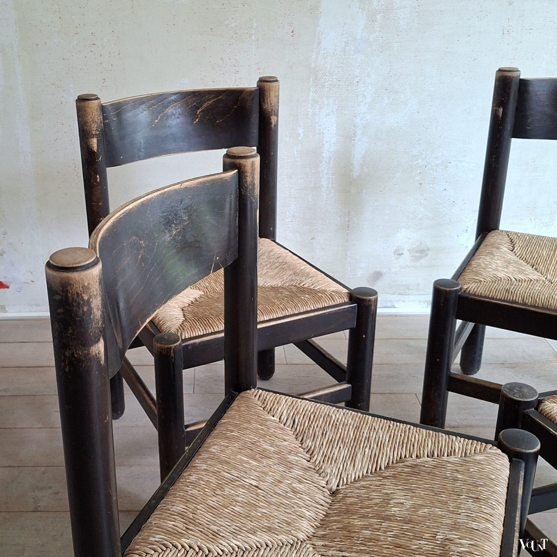 Set van 4 brutalist stoelen met biezen zittingen, jaren '70