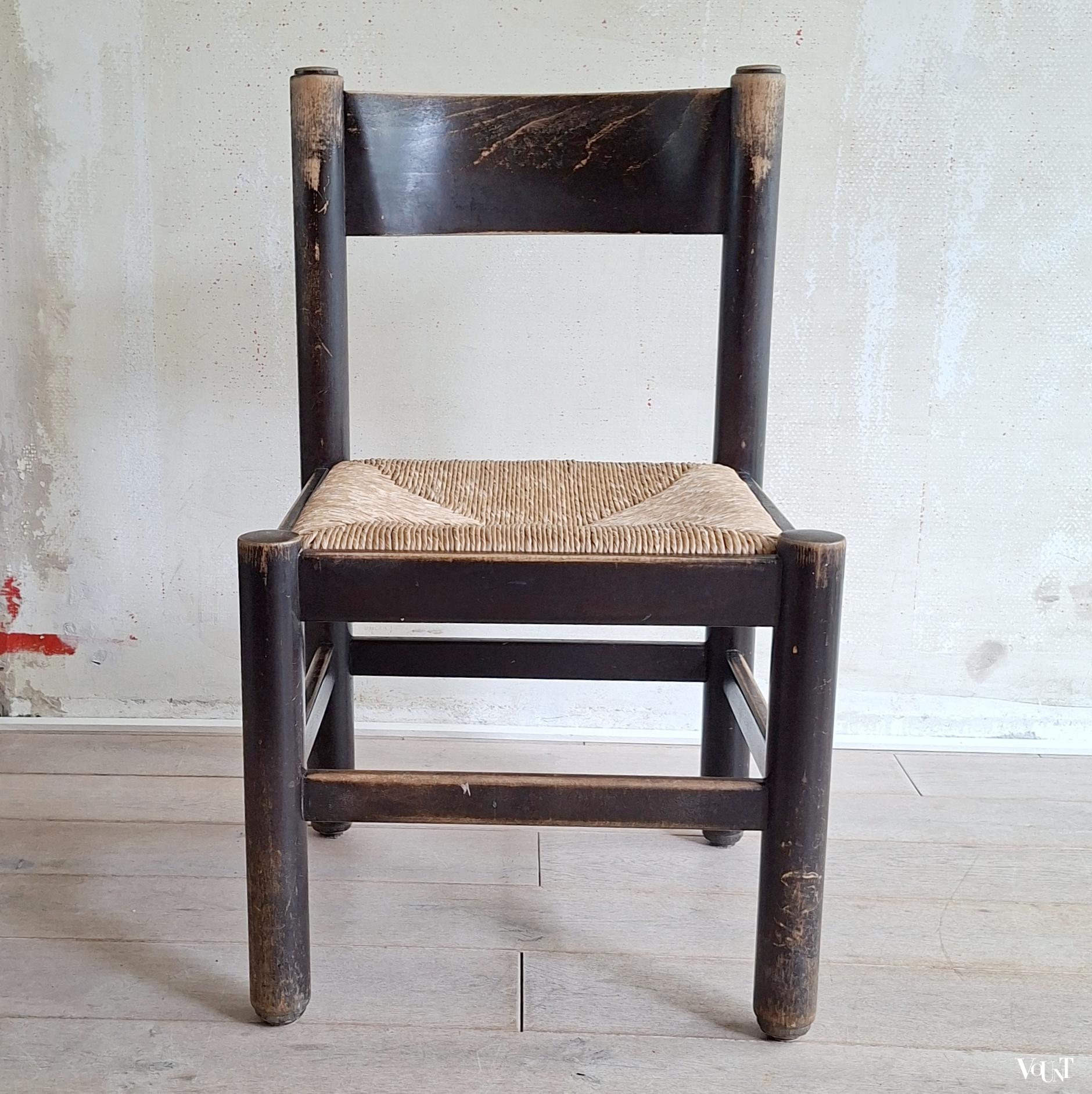 Set van 4 brutalist stoelen met biezen zittingen, jaren '70