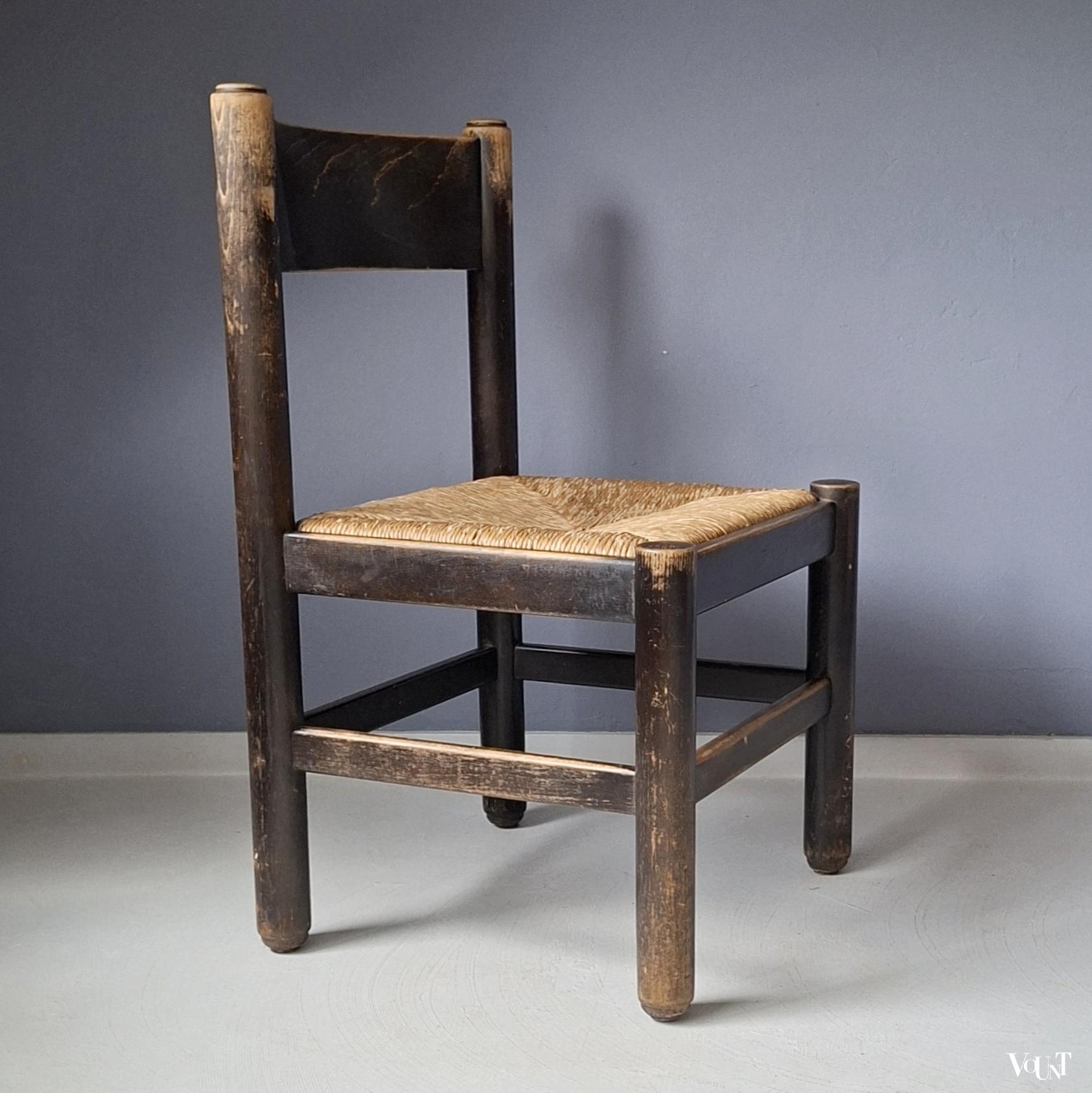 Set van 4 brutalist stoelen met biezen zittingen, jaren '70