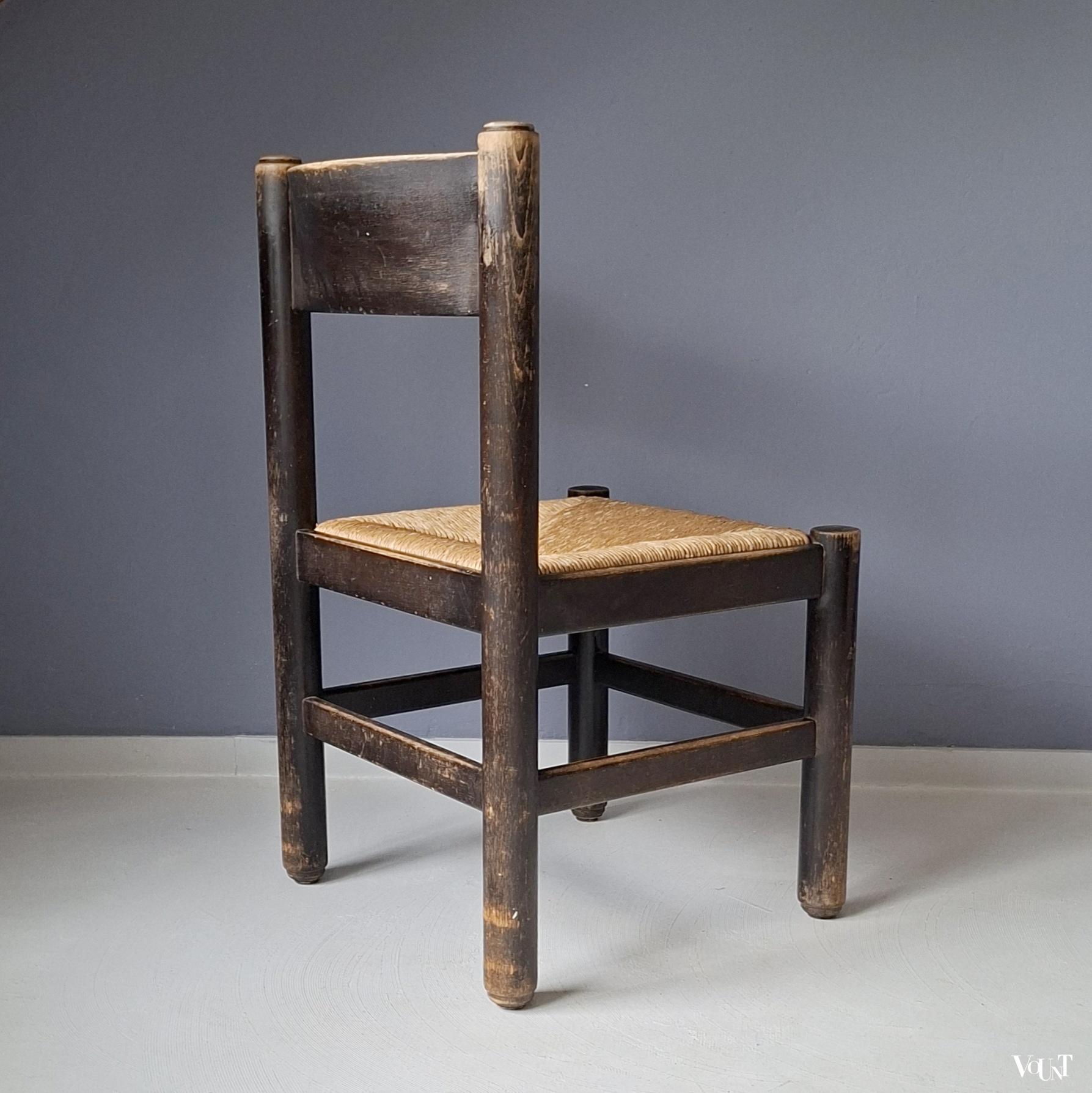 Set van 4 brutalist stoelen met biezen zittingen, jaren '70