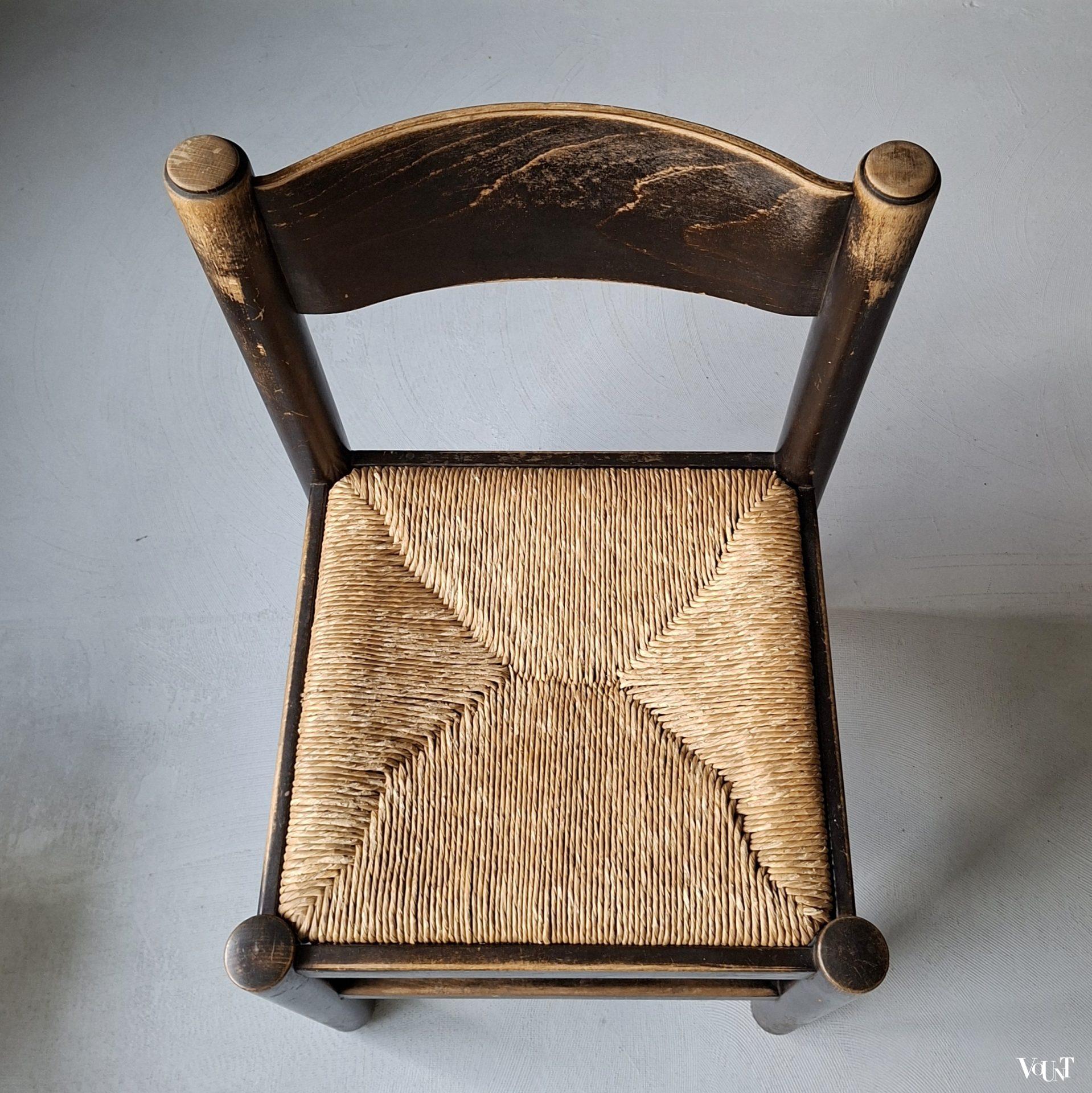 Set van 4 brutalist stoelen met biezen zittingen, jaren '70