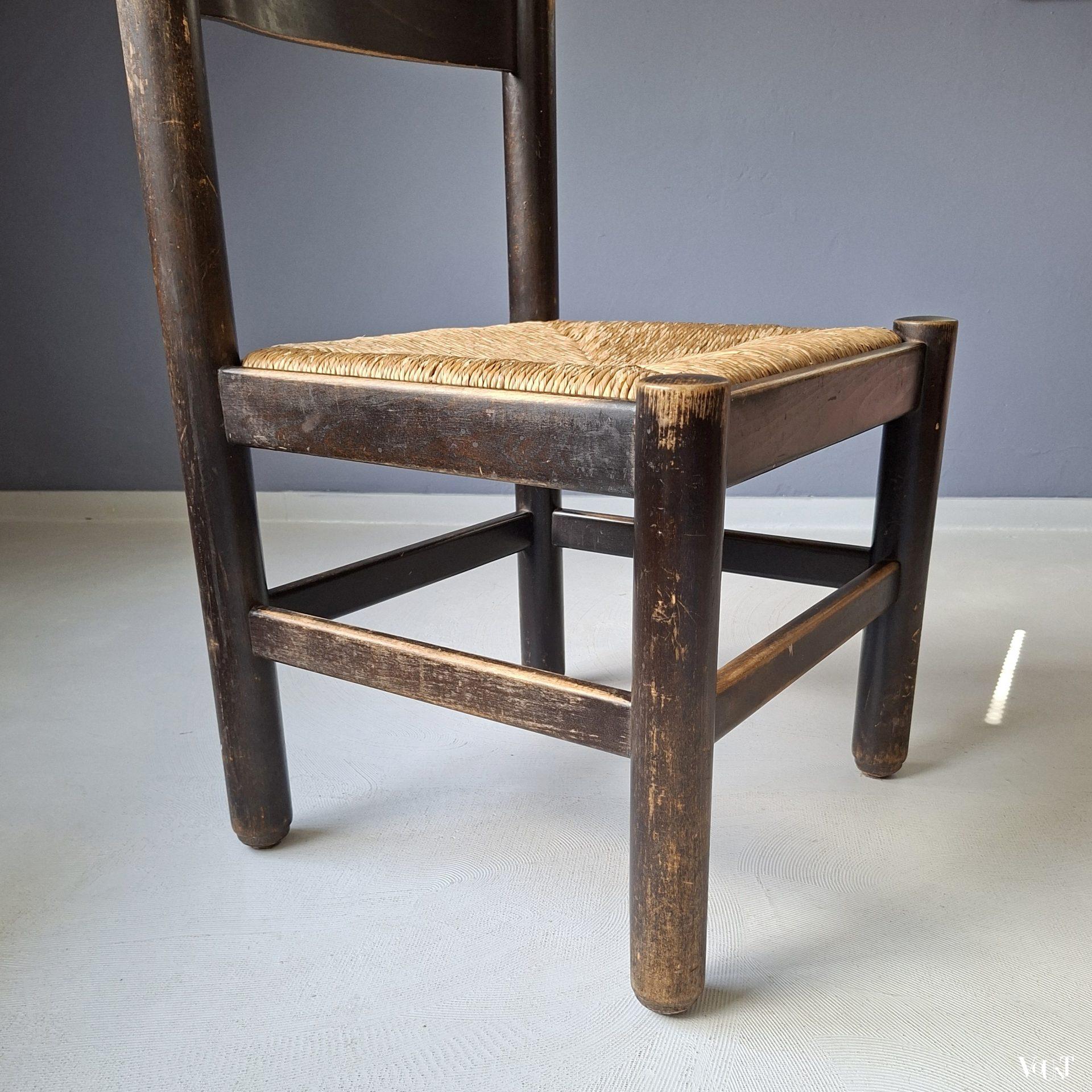 Set van 4 brutalist stoelen met biezen zittingen, jaren '70