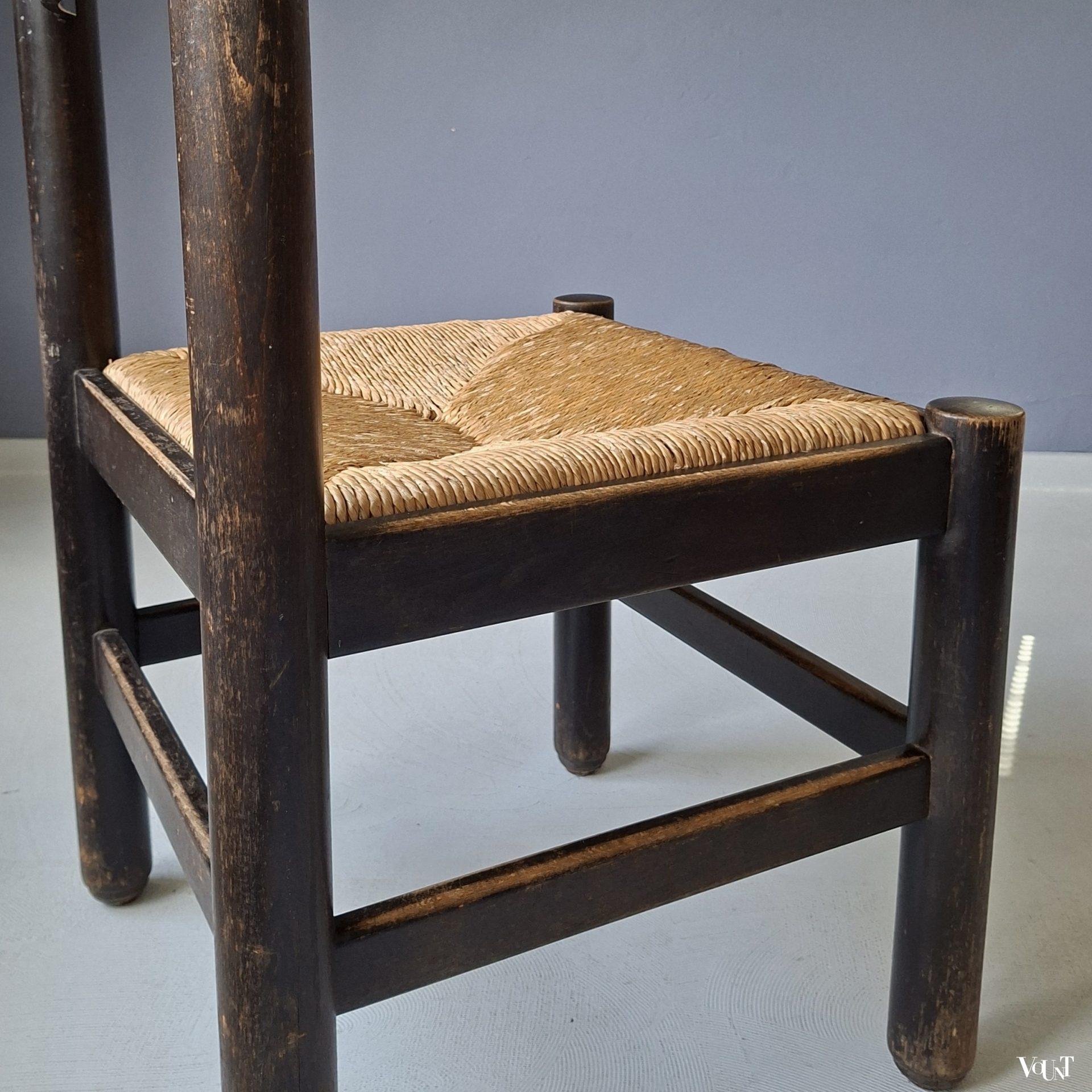 Set van 4 brutalist stoelen met biezen zittingen, jaren '70