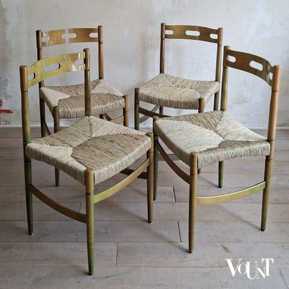 Set van 4 groene houten eettafelstoelen met biezen bekleding, jaren '60/'70