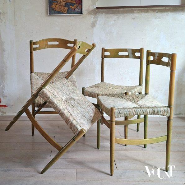 Set van 4 groene houten eettafelstoelen met biezen bekleding, jaren '60/'70