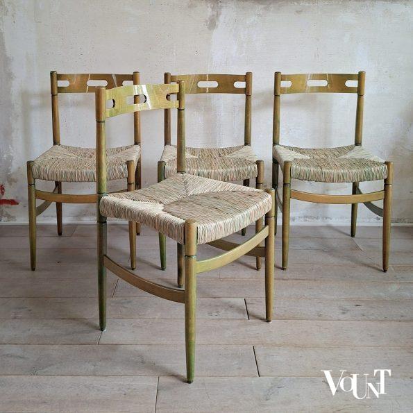 Set van 4 groene houten eettafelstoelen met biezen bekleding, jaren '60/'70