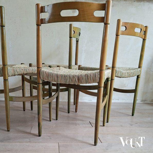 Set van 4 groene houten eettafelstoelen met biezen bekleding, jaren '60/'70