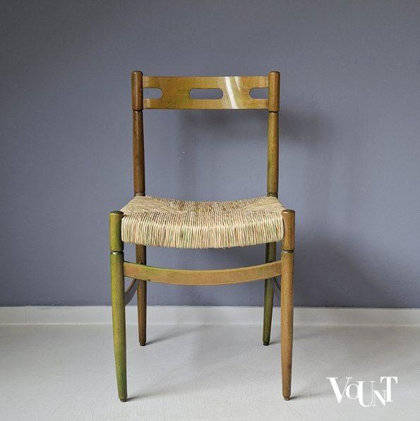 Set van 4 groene houten eettafelstoelen met biezen bekleding, jaren '60/'70