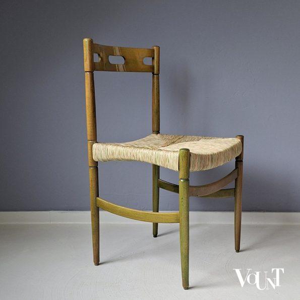 Set van 4 groene houten eettafelstoelen met biezen bekleding, jaren '60/'70