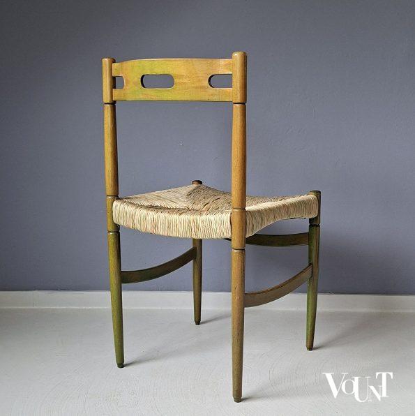 Set van 4 groene houten eettafelstoelen met biezen bekleding, jaren '60/'70