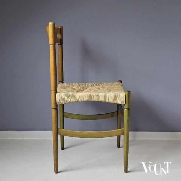 Set van 4 groene houten eettafelstoelen met biezen bekleding, jaren '60/'70
