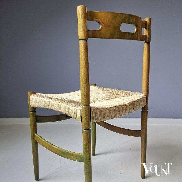 Set van 4 groene houten eettafelstoelen met biezen bekleding, jaren '60/'70