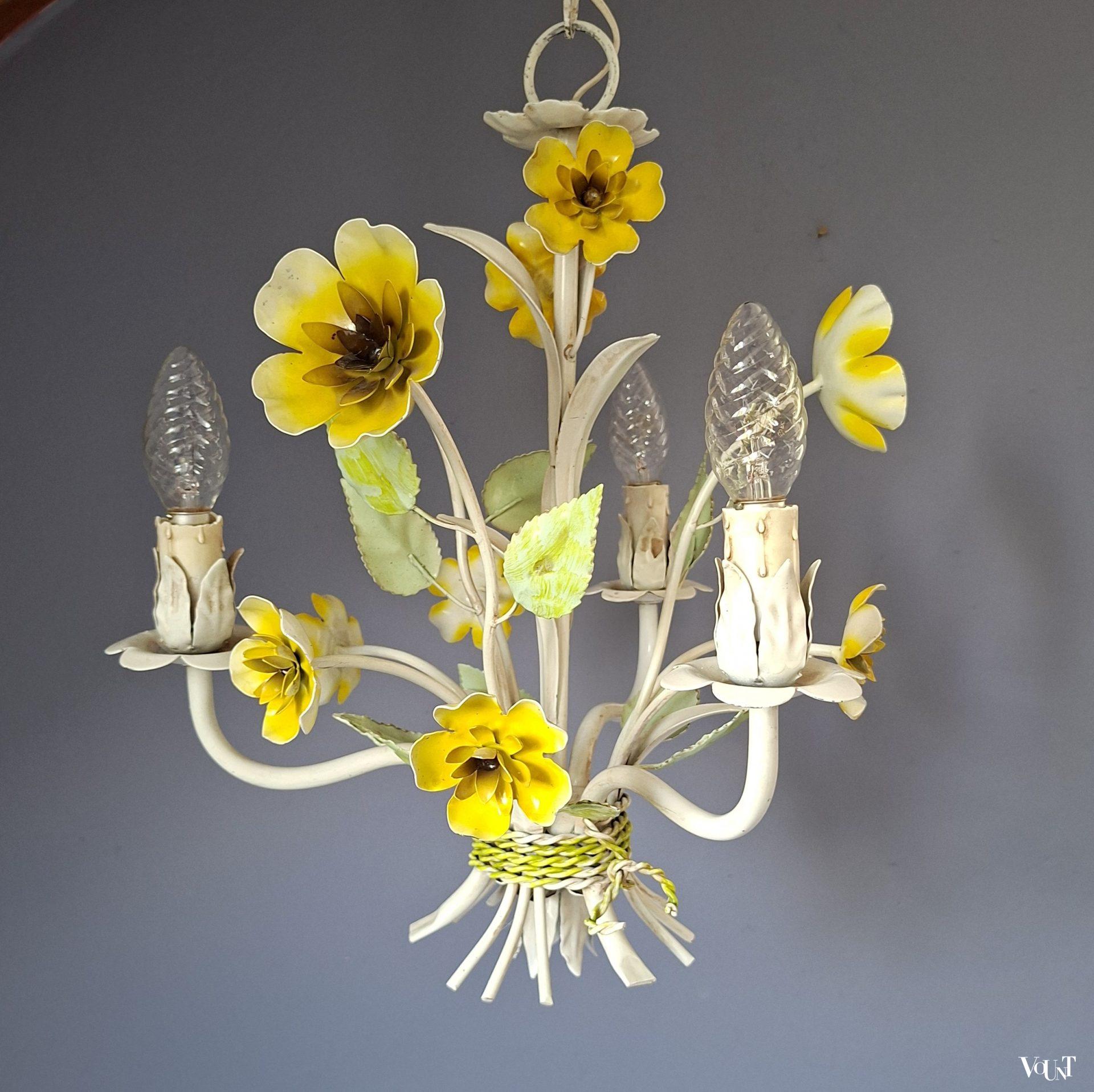 Franse metalen hanglamp bloemen, jaren '70