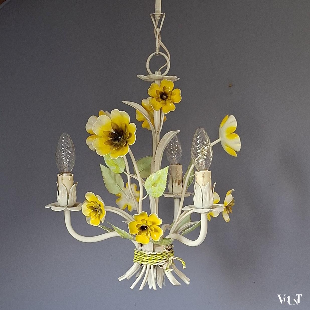 Franse metalen hanglamp bloemen, jaren '70