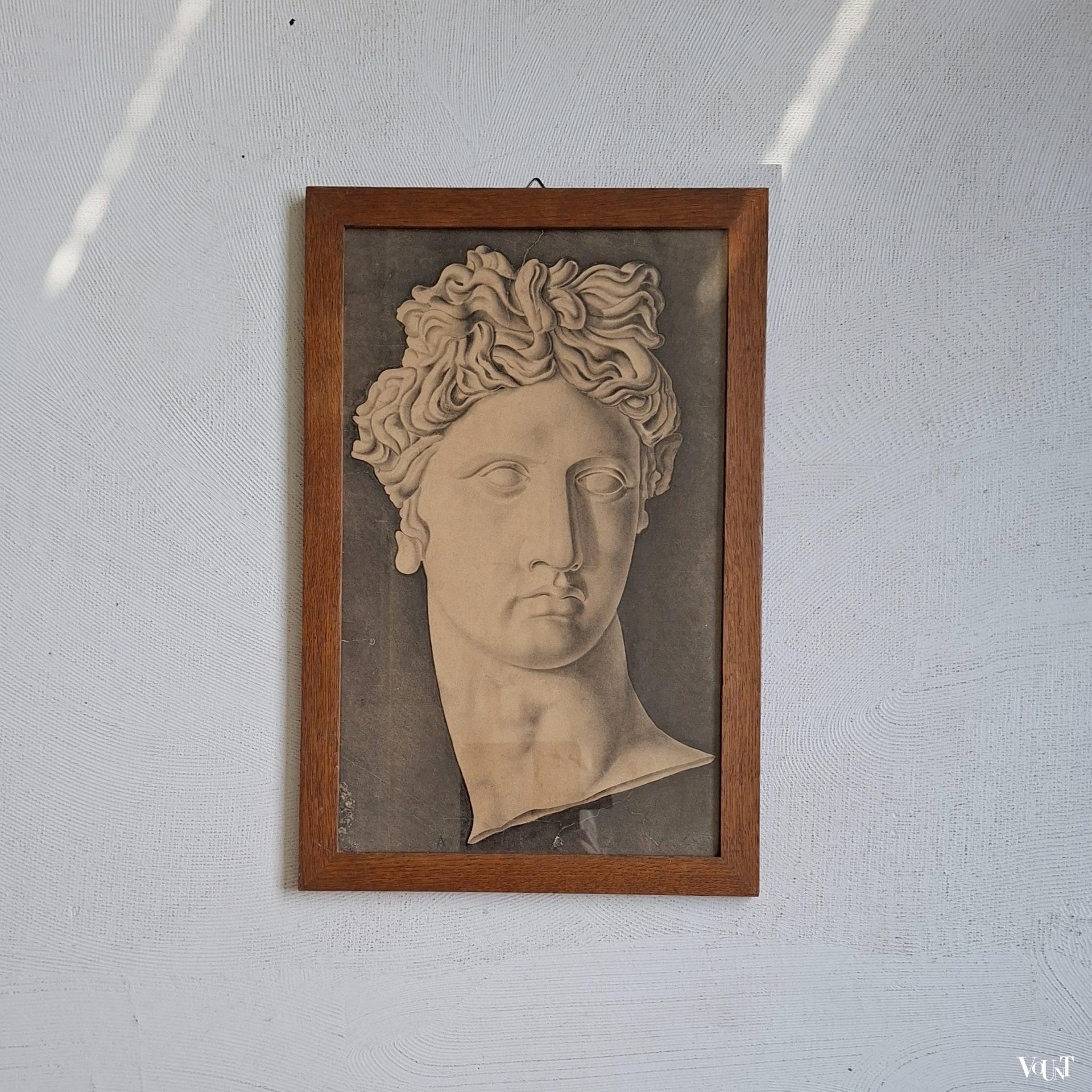 Antieke ingelijste print hoofd Apollo
