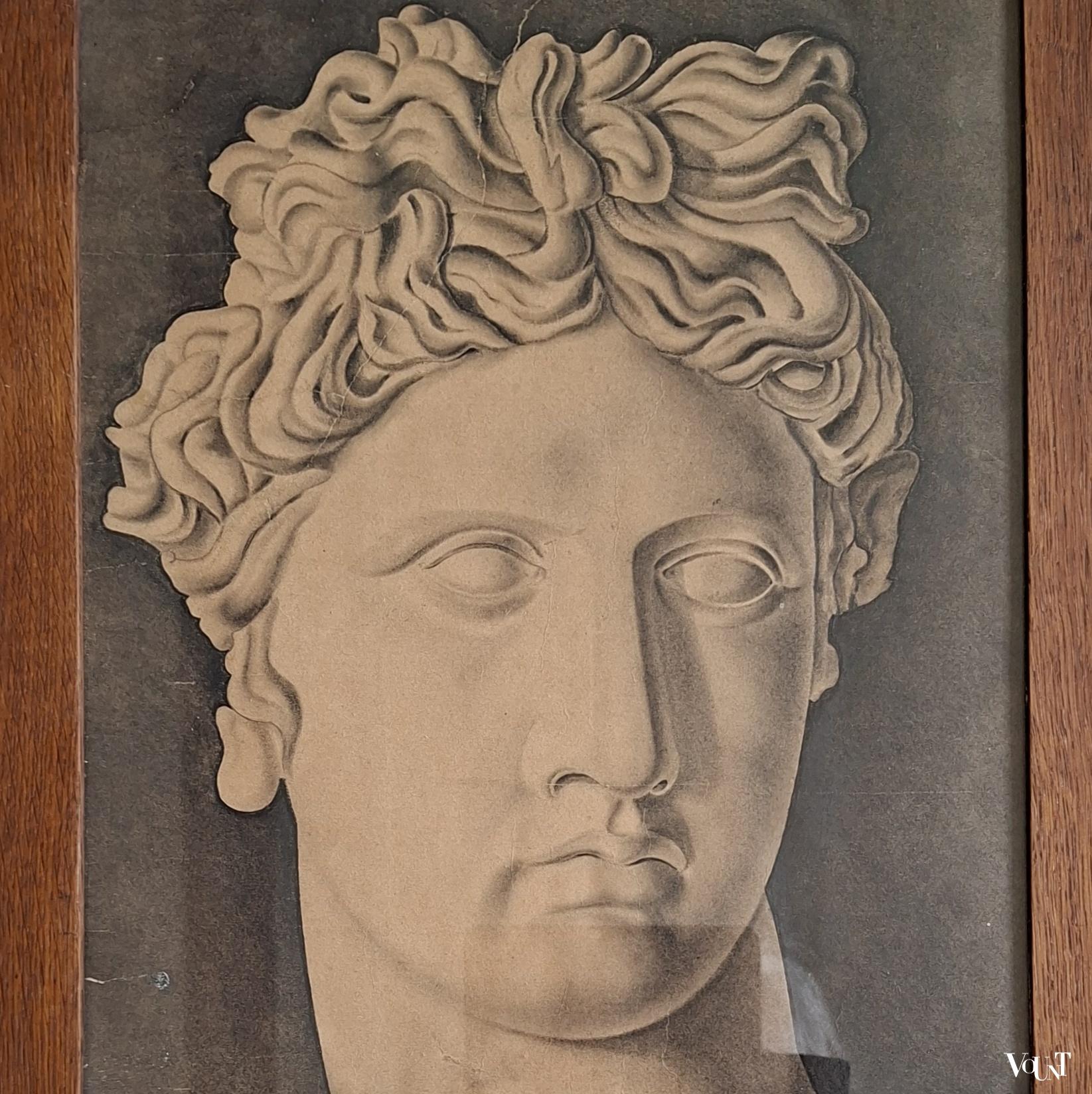 Antieke ingelijste print hoofd Apollo
