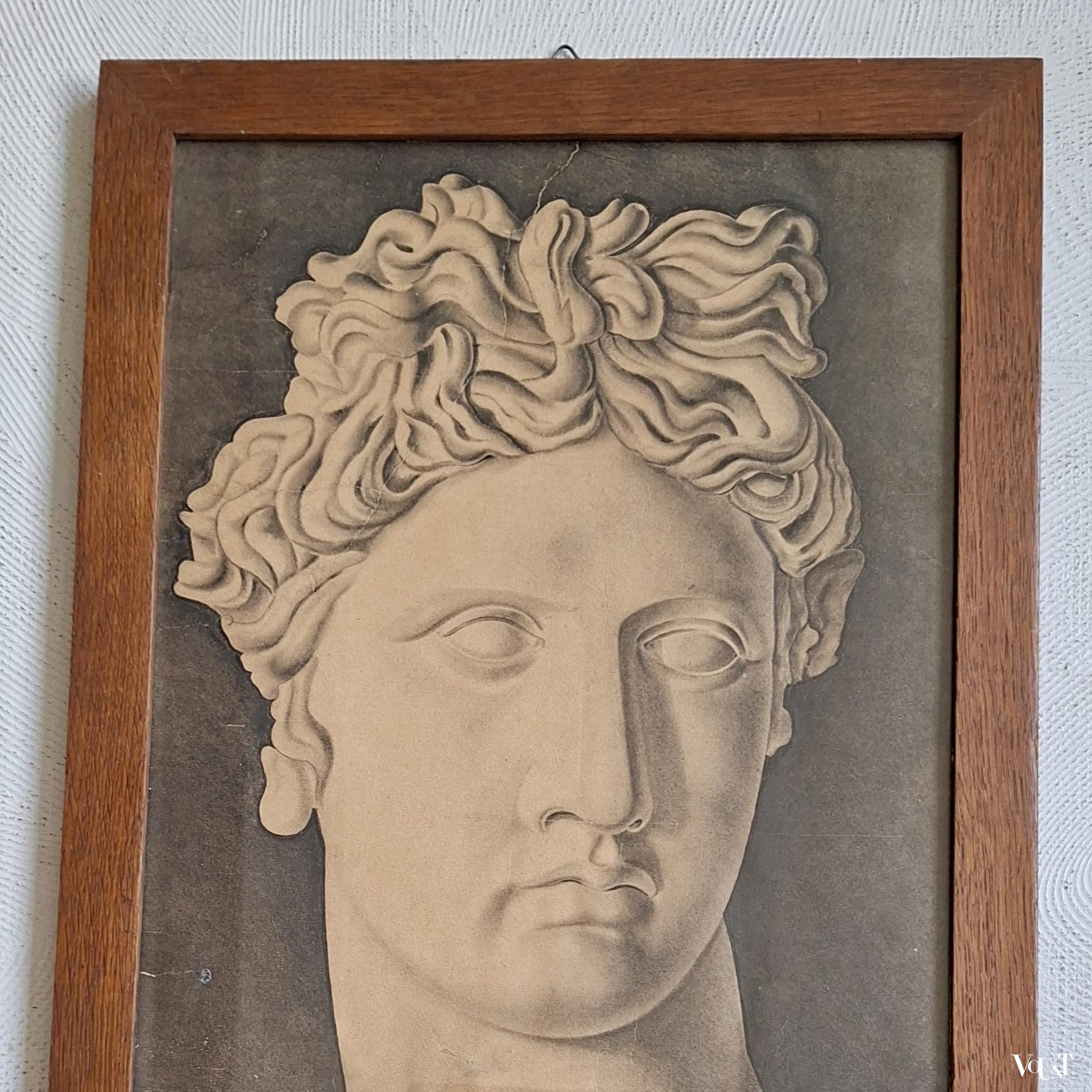 Antieke ingelijste print hoofd Apollo