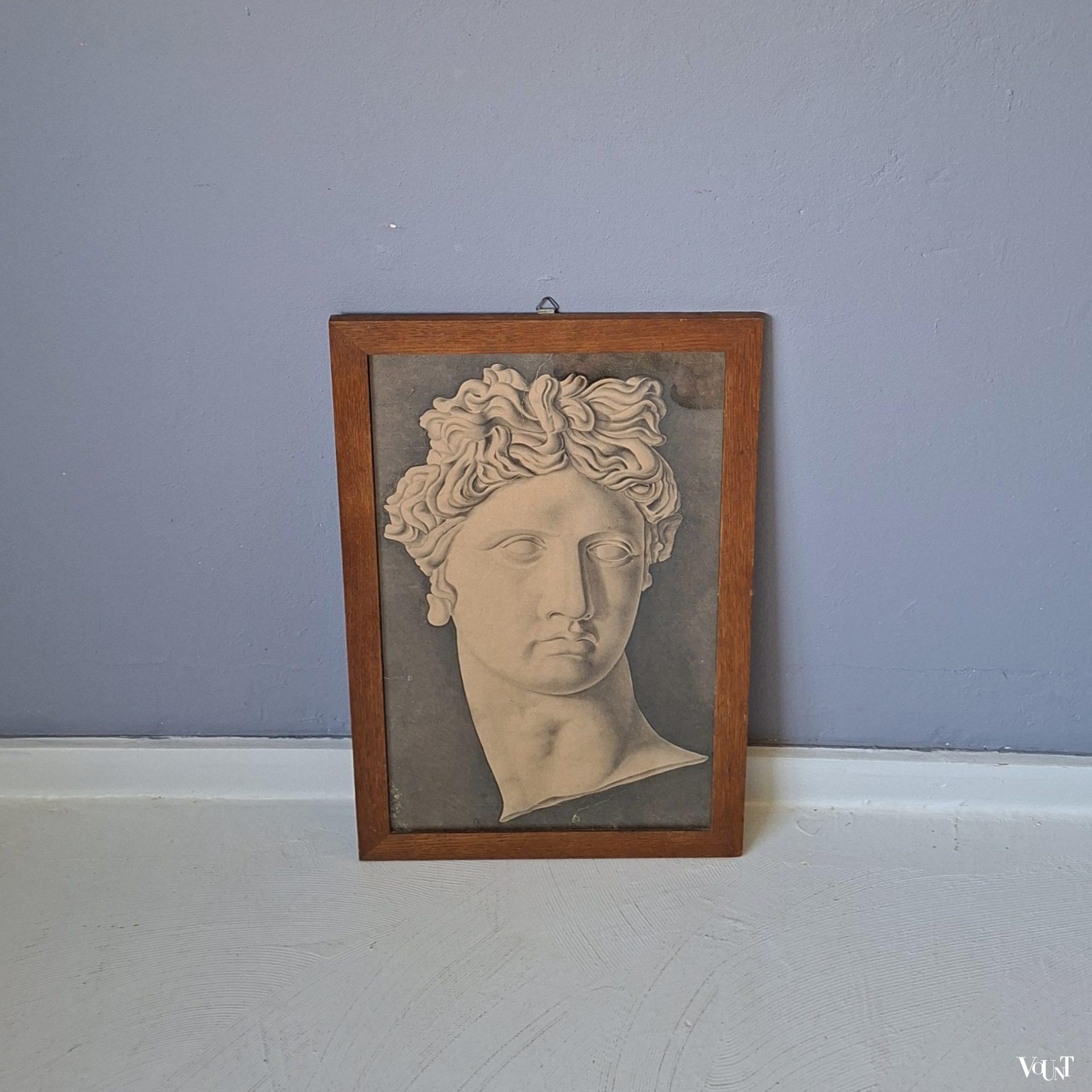 Antieke ingelijste print hoofd Apollo
