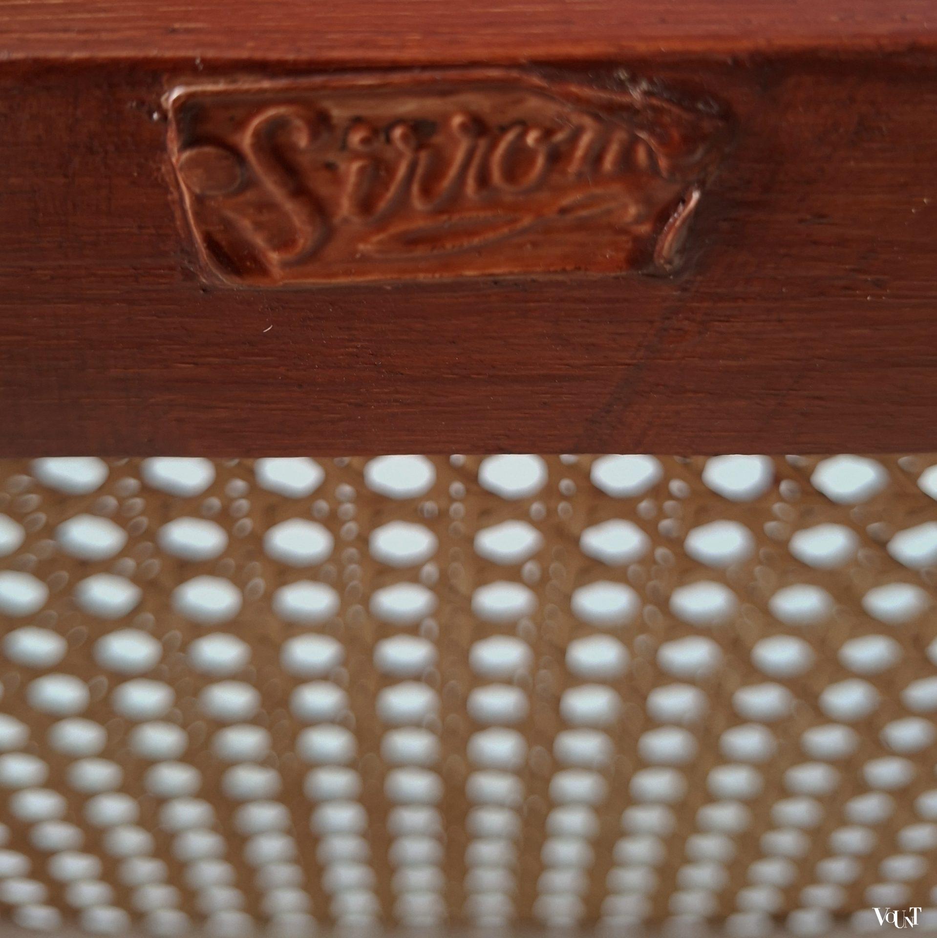 Hout en rotan opbergbankje met wollen bekleding, Sirrom, jaren '30/'50