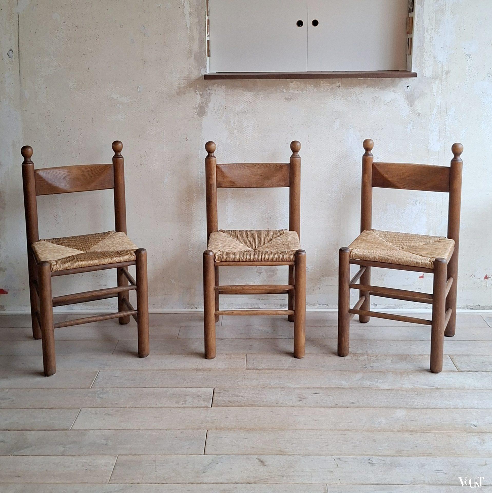 Set van 3 brutalist stoelen hout met biezen, jaren '70