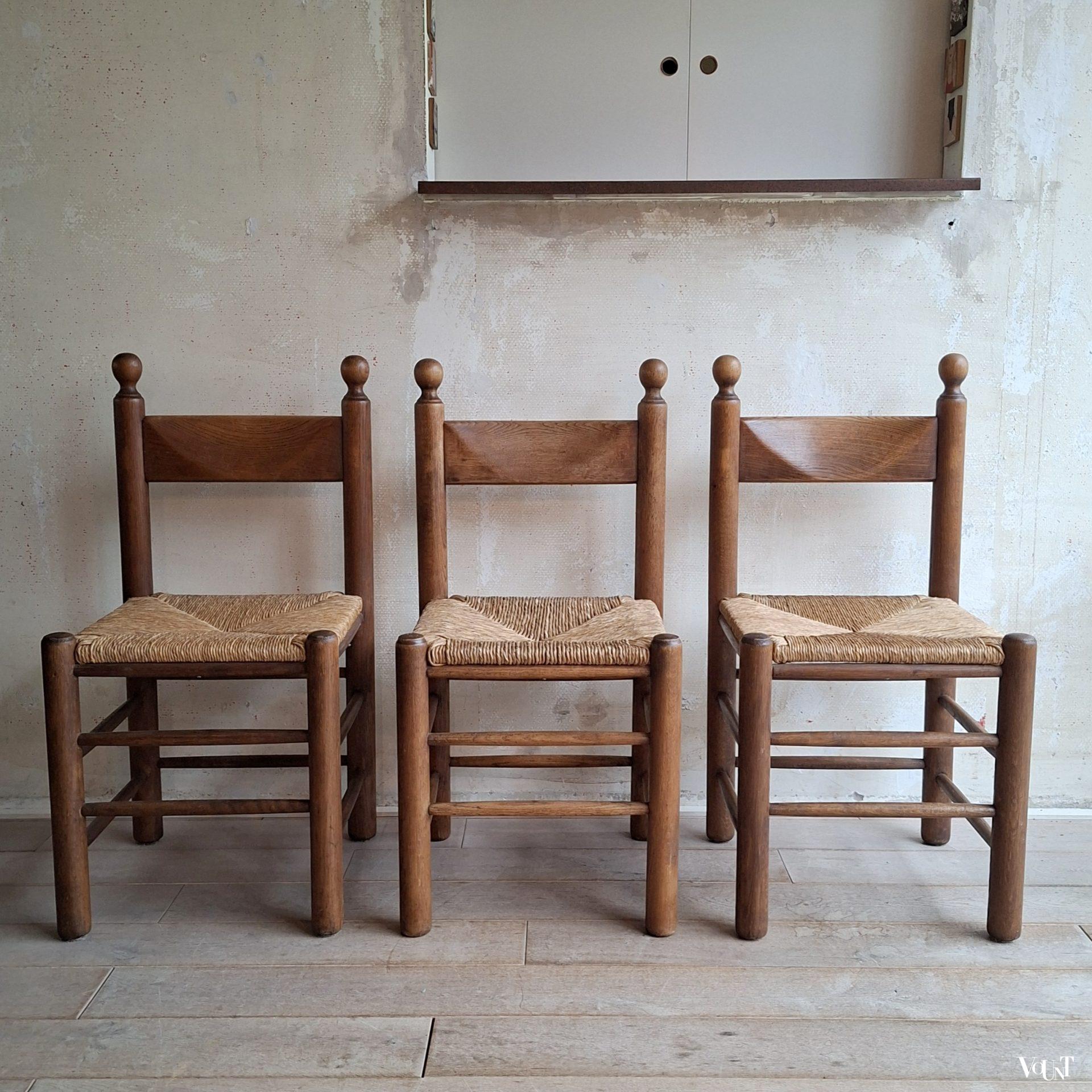 Set van 3 brutalist stoelen hout met biezen, jaren '70
