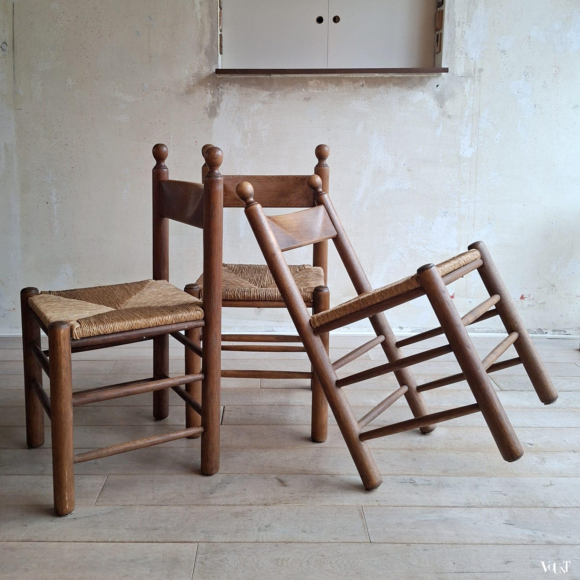 Set van 3 brutalist stoelen hout met biezen, jaren '70