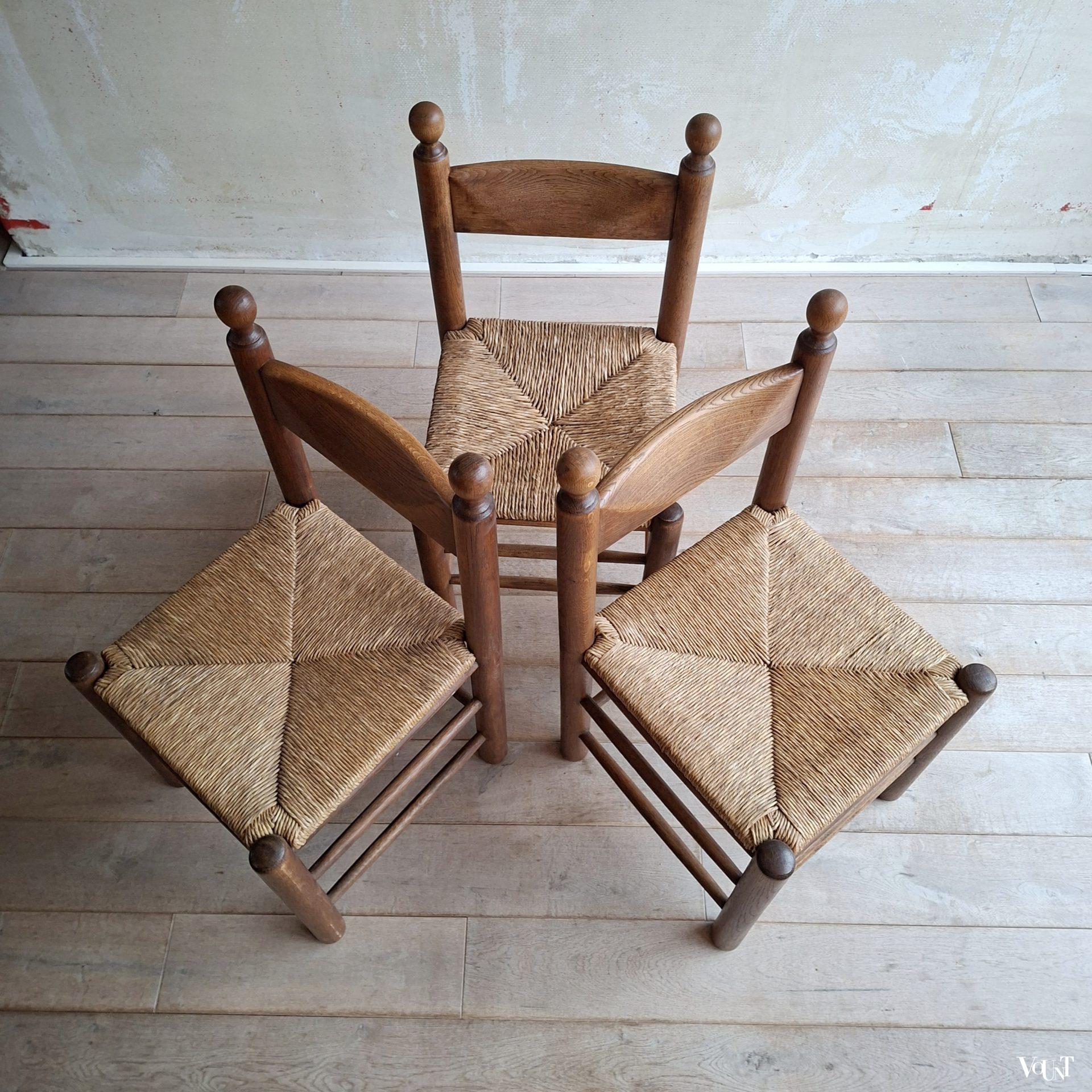 Set van 3 brutalist stoelen hout met biezen, jaren '70