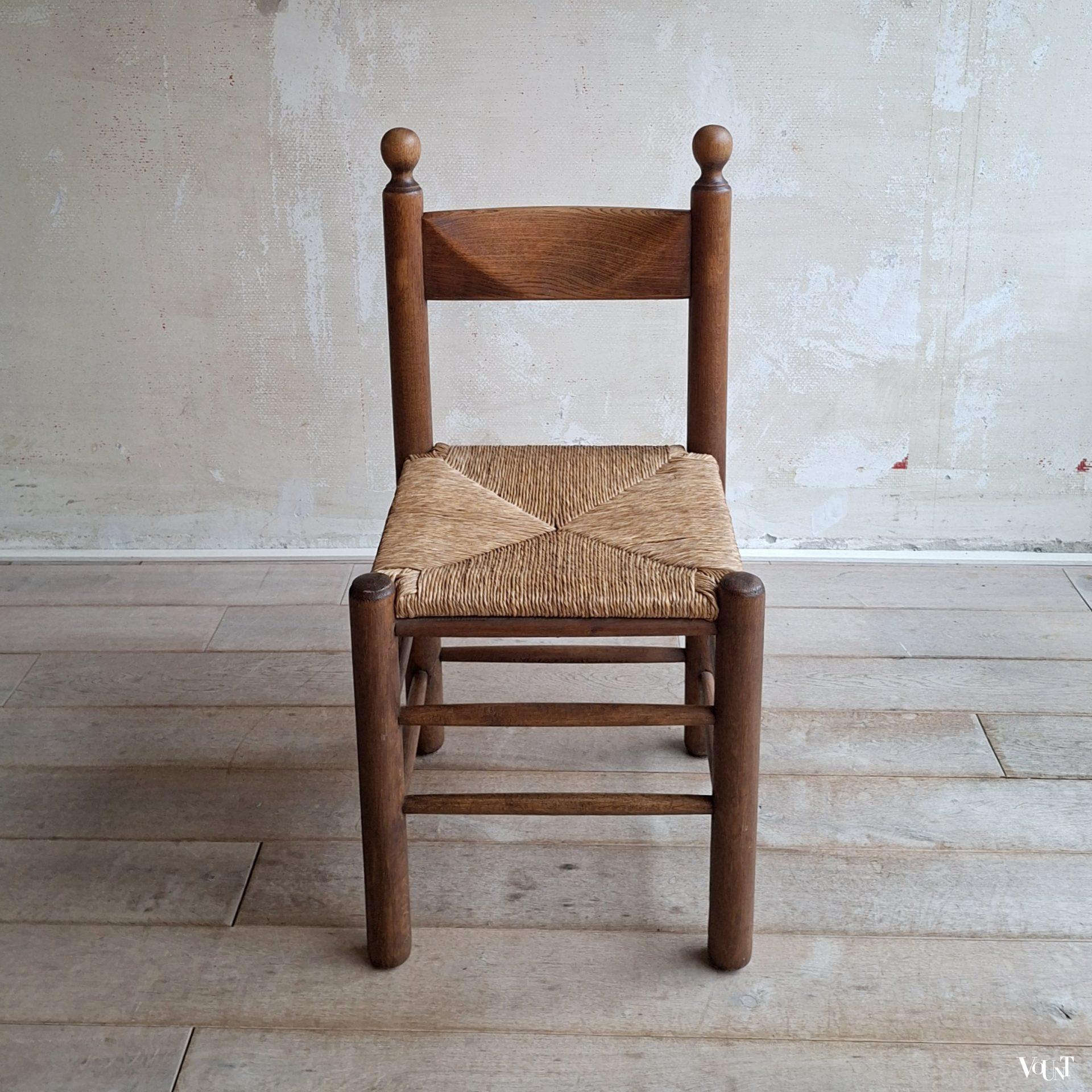 Set van 3 brutalist stoelen hout met biezen, jaren '70