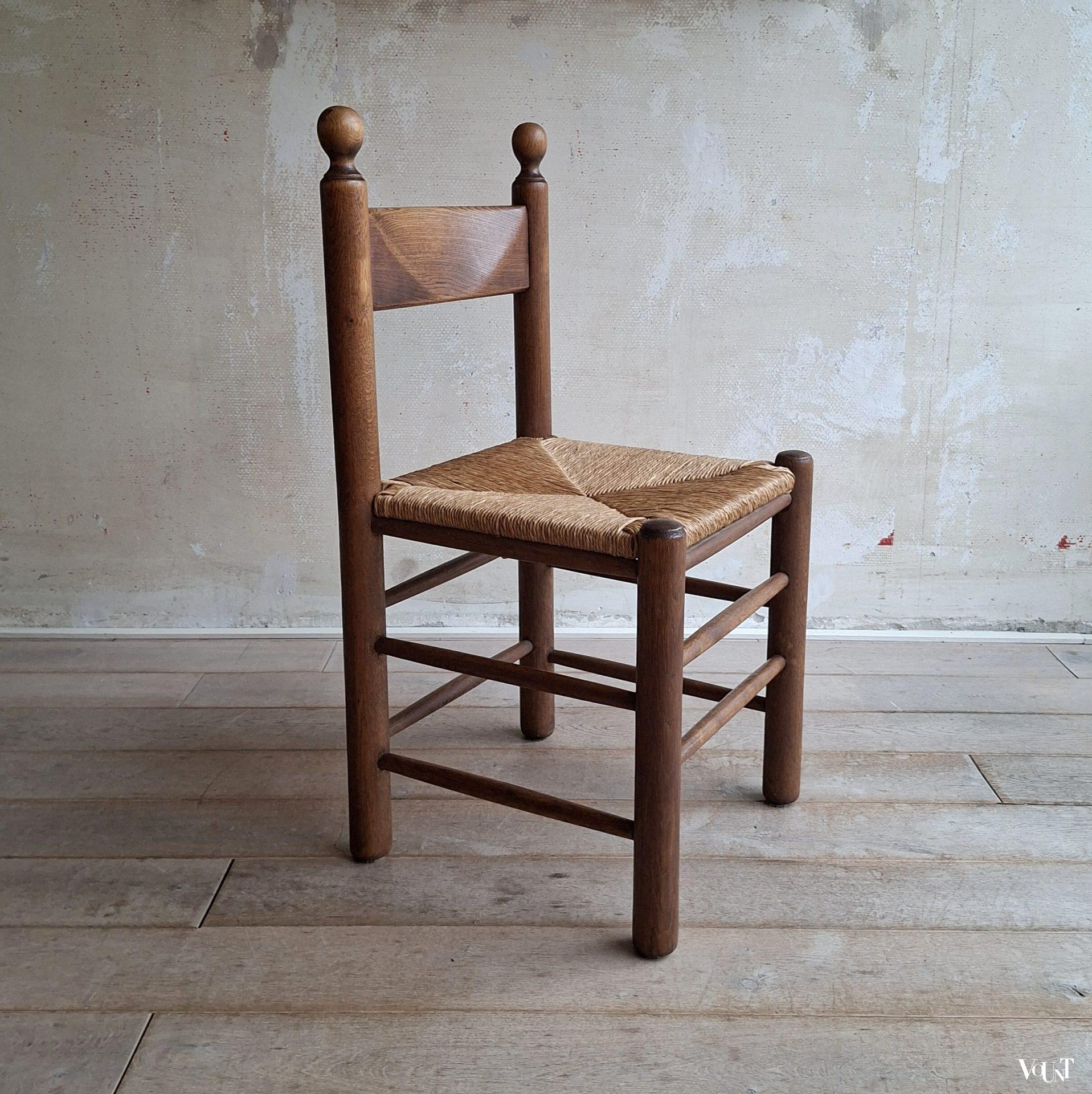 Set van 3 brutalist stoelen hout met biezen, jaren '70