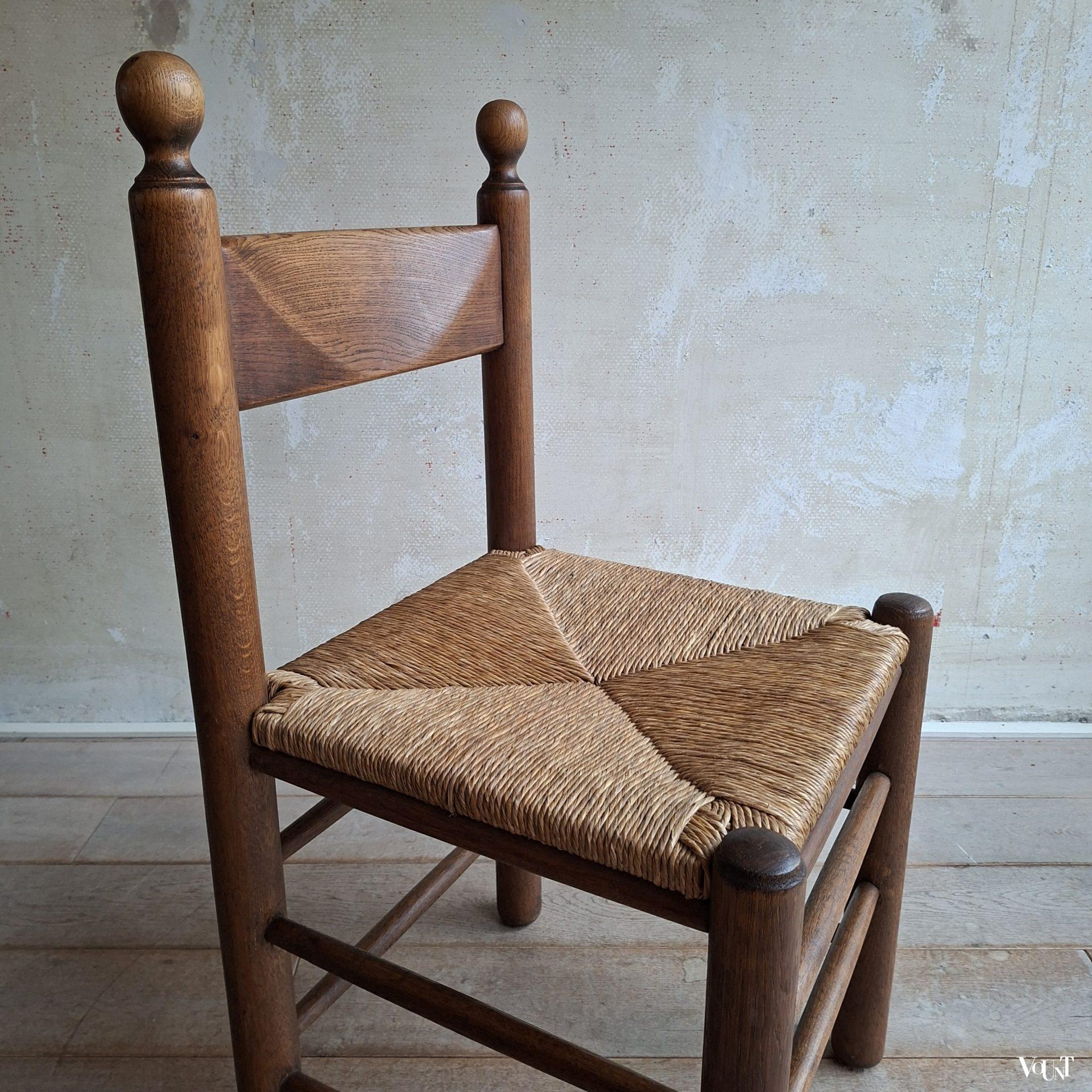 Set van 3 brutalist stoelen hout met biezen, jaren '70