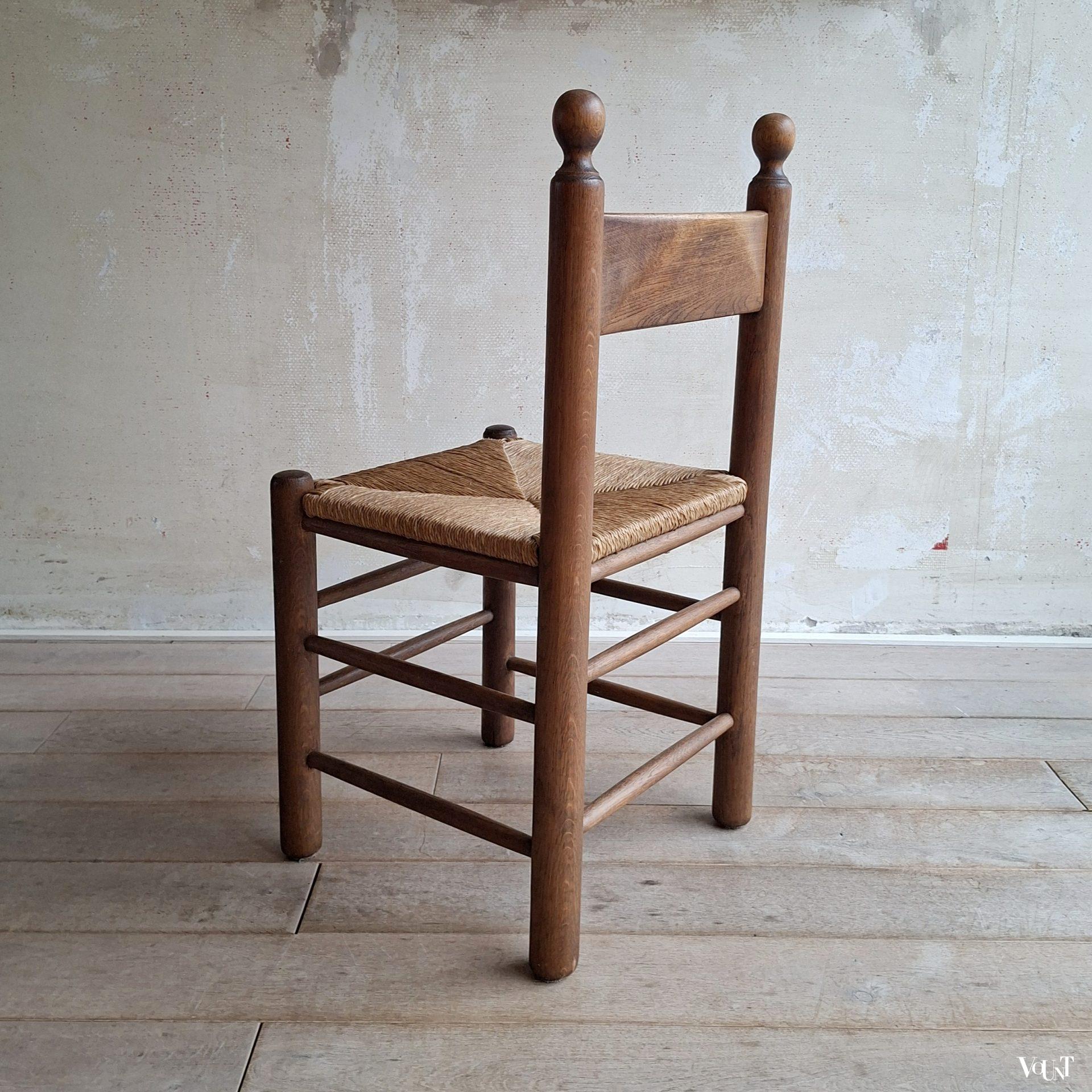 Set van 3 brutalist stoelen hout met biezen, jaren '70