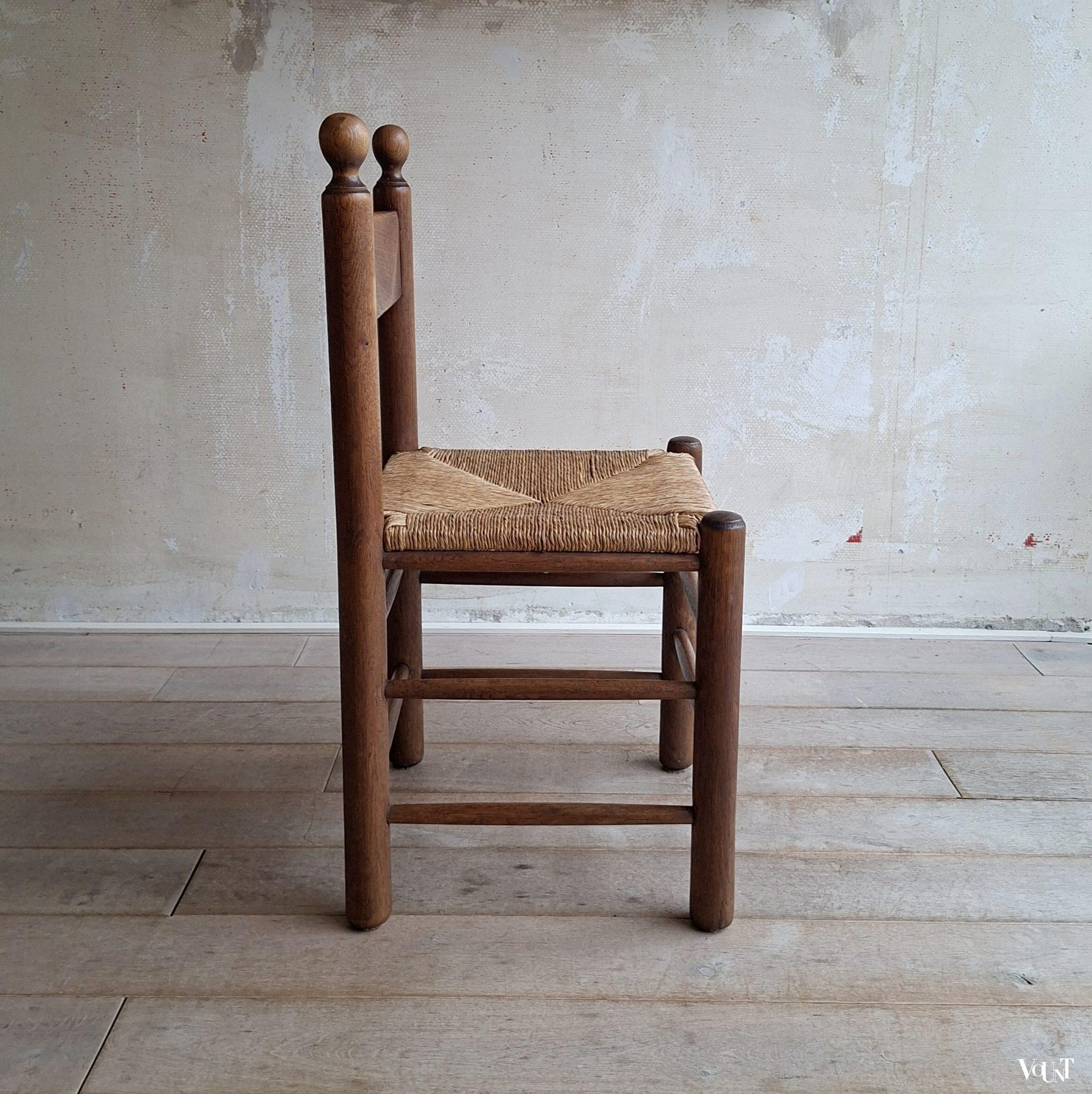 Set van 3 brutalist stoelen hout met biezen, jaren '70