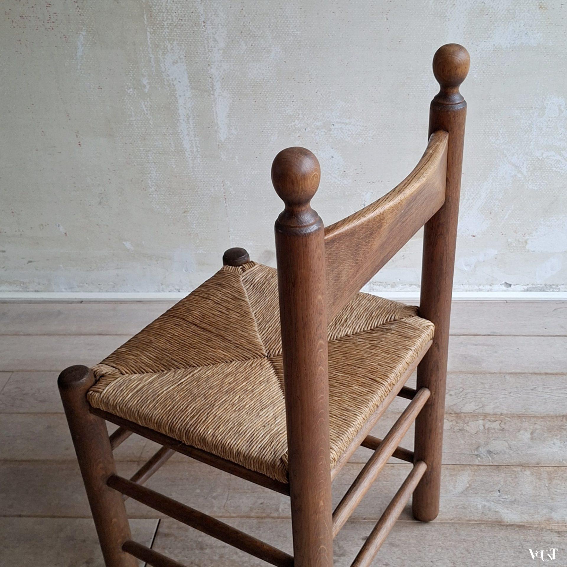 Set van 3 brutalist stoelen hout met biezen, jaren '70