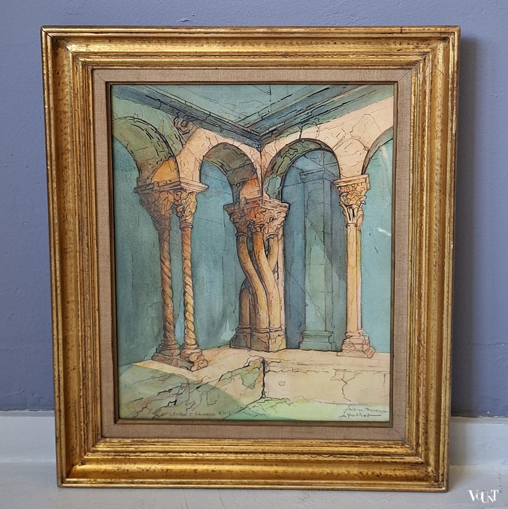 Aquarel Cloître de Saint-Sauveur (Aix-en-Provence), A. Pochet, jaren '50