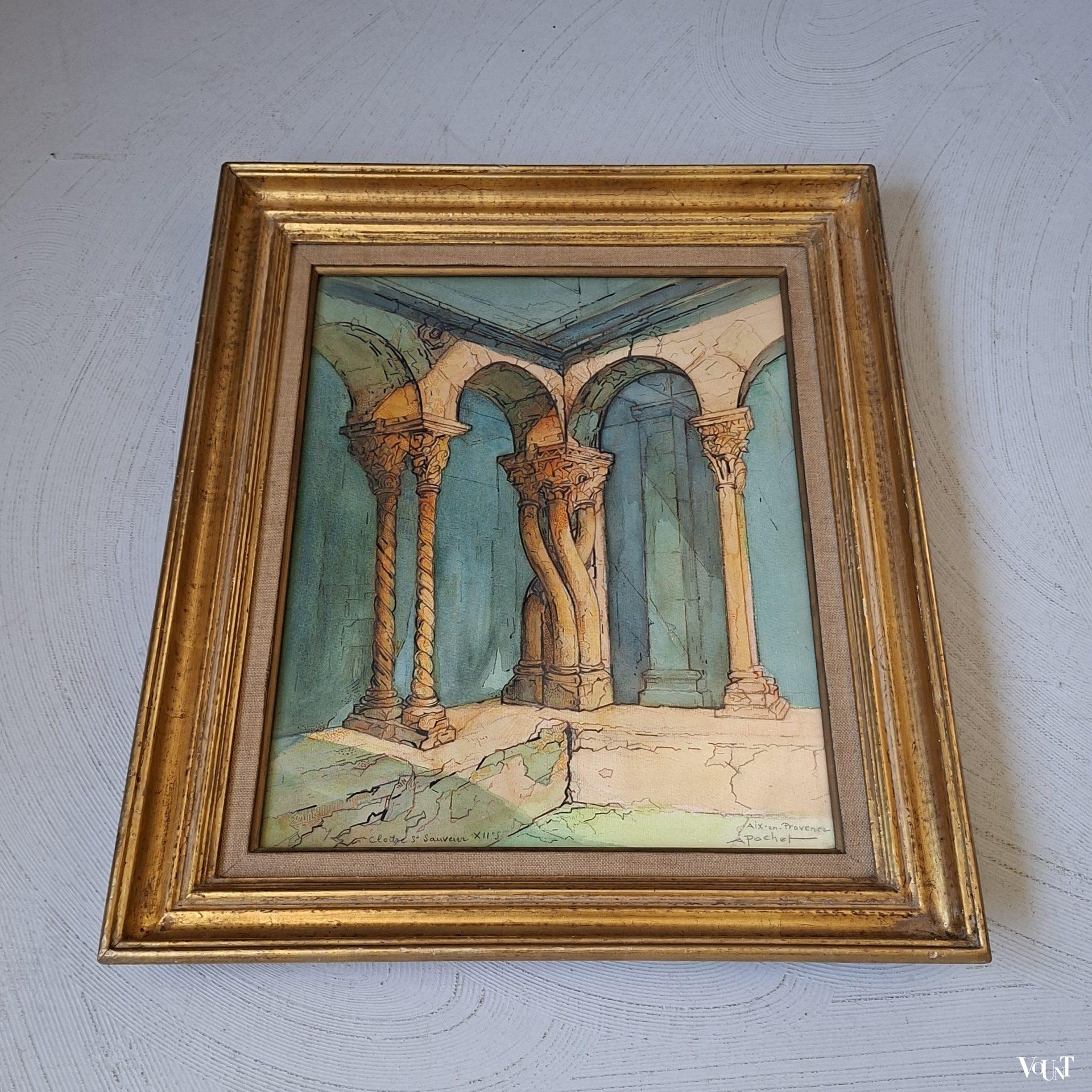 Aquarel Cloître de Saint-Sauveur (Aix-en-Provence), A. Pochet, jaren '50
